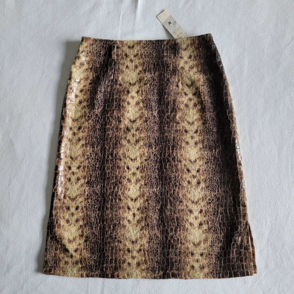 Vintage 90s GaoYa Faux Snakeskin Embossed Midi Skirt Brown Womens M Y2K Mob Wife